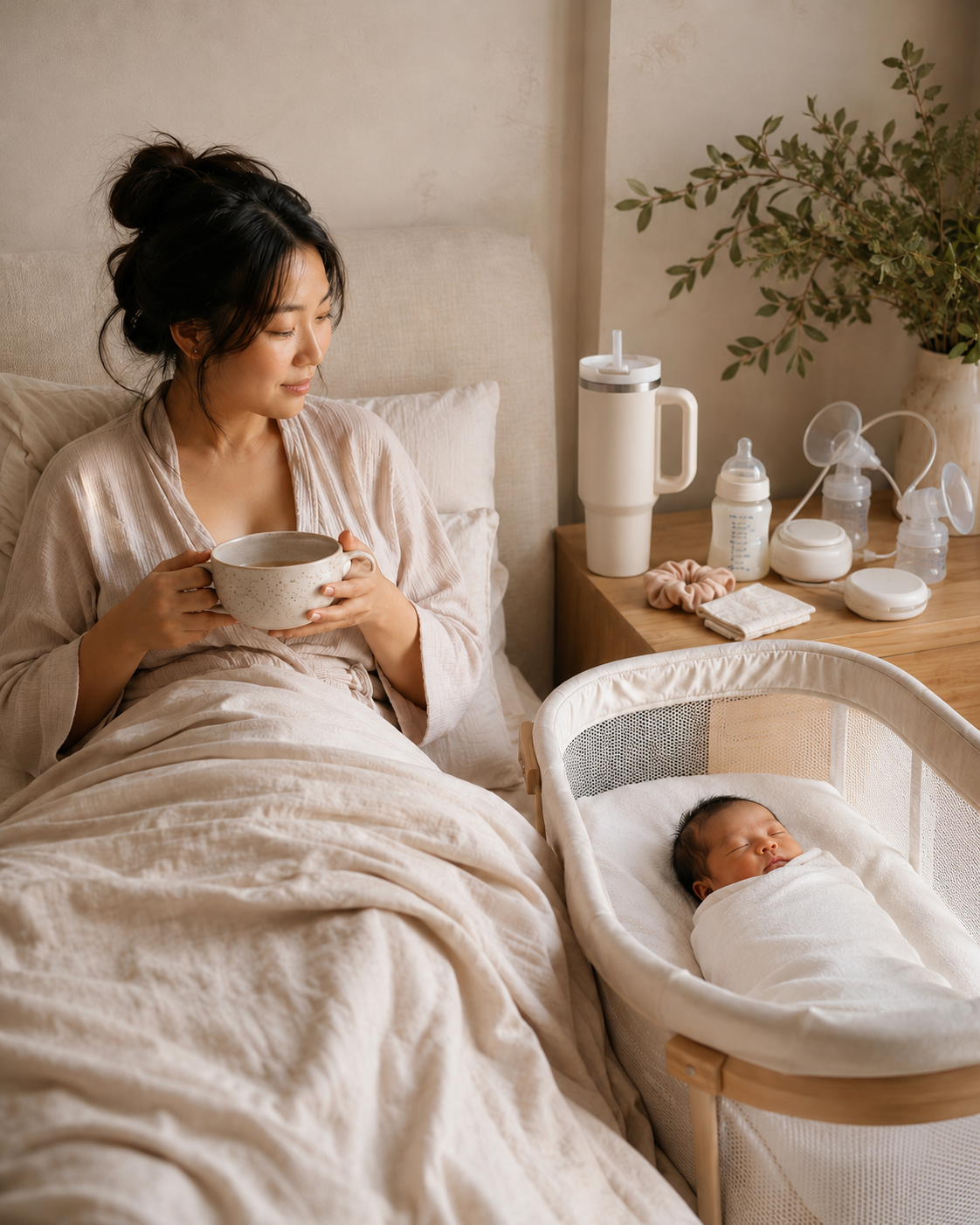 Mom in bed with drink looking at sleeping swaddled baby in bassinet