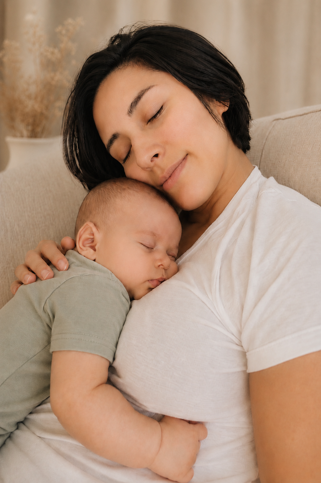A woman with short dark hair holding a sleeping baby on her chest, both with peaceful expressions, sitting on a beige couch in a cozy living room.