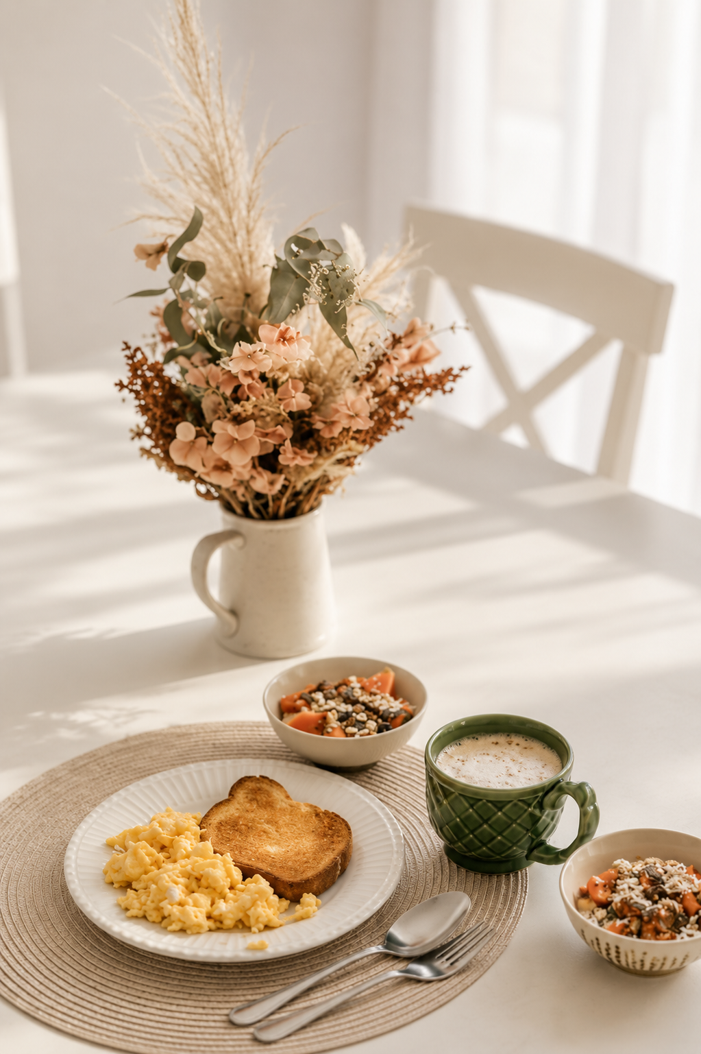 A breakfast scene featuring scrambled eggs, a slice of toast, two bowls of fruit and granola, and a cup of coffee on a beige placemat on a white table. There is a flower arrangement in a white pitcher in the background.