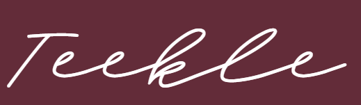 Teekle written in white cursive on a dark red background