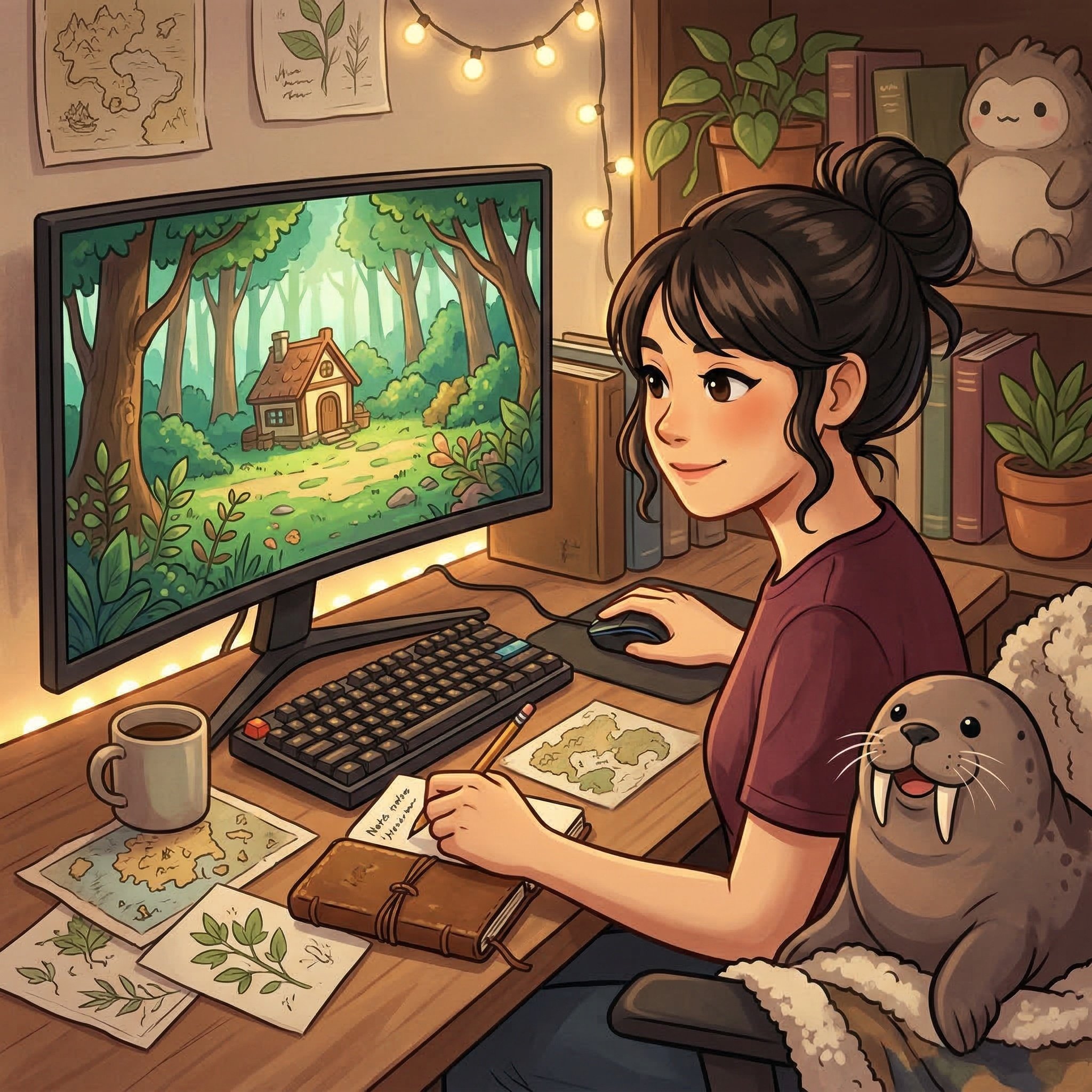 A girl sitting at a cluttered desk, drawing and considering nature research notes, with a computer displaying a forest scene, a coffee mug, plants, books, and a stuffed animal and a seal plush toy nearby in a cozy room decorated with fairy lights.