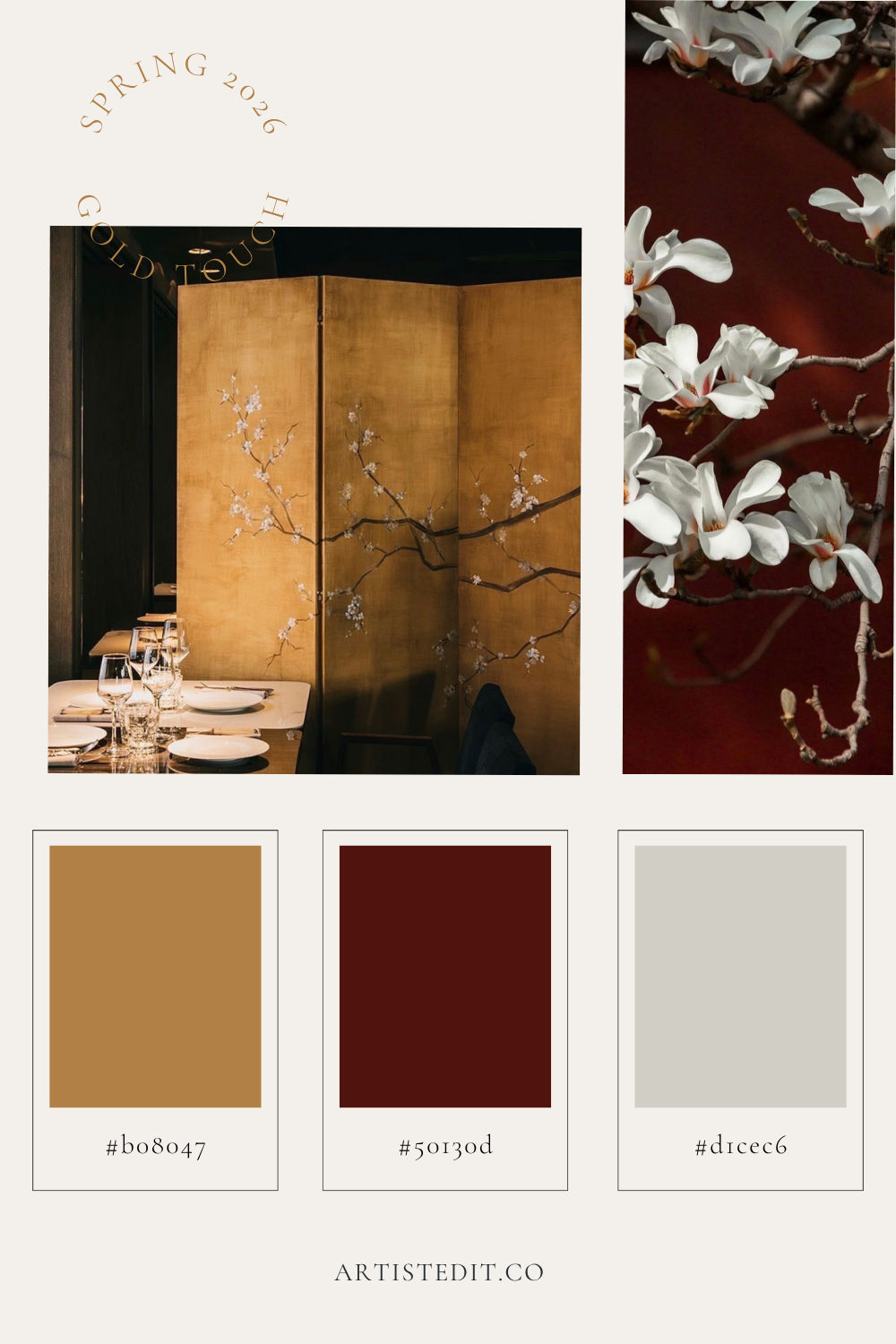 Artist mood board with color palette — gold, deep red and grey tones for a Spring 2026 creative process