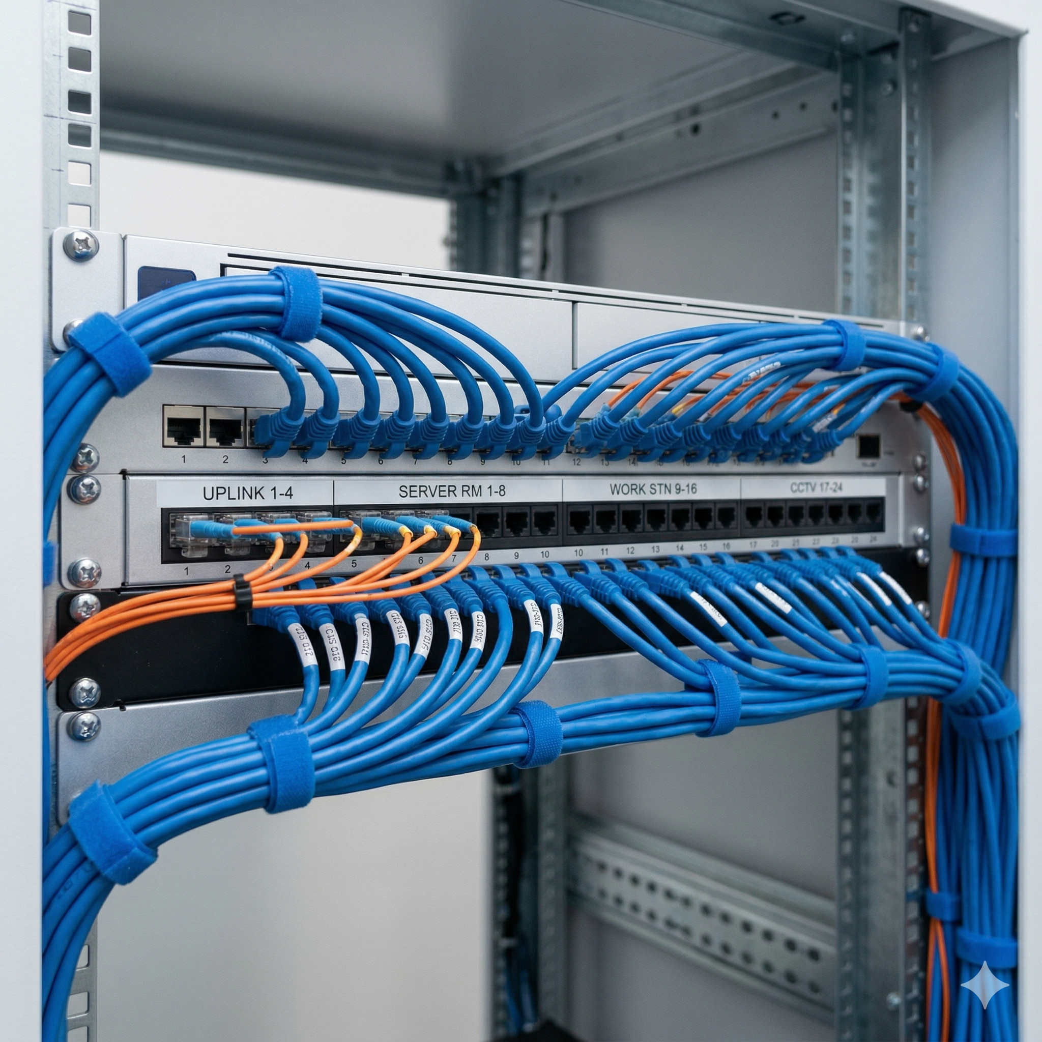 A professional-grade low-voltage wiring schematic for a modern NJ/NY building, showing organized Cat6 data cabling and PoE surveillance infrastructure installed by Sound Facets.