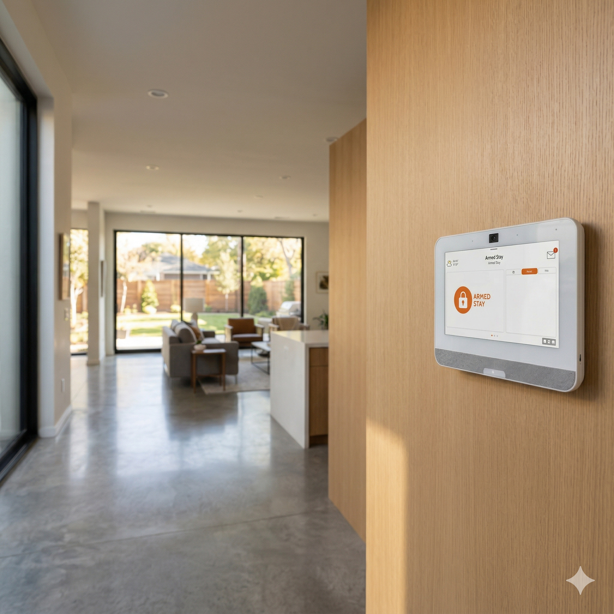 Professional installation of an Alarm.com smart security touchscreen panel in a modern New Jersey home entryway, featuring 24/7 monitoring status by Sound Facets.