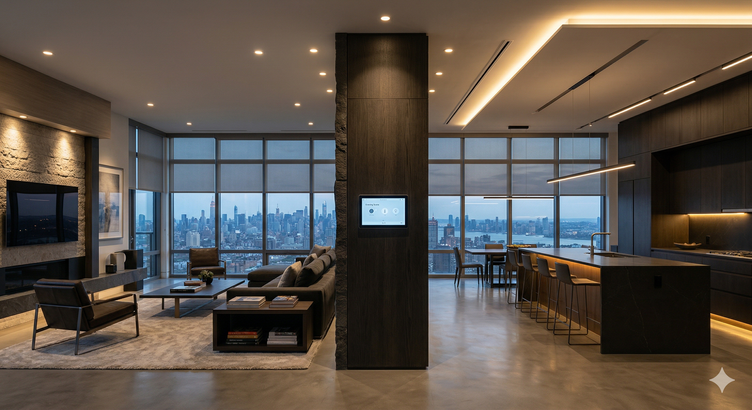 Professional home automation for lighting, motorized shades, and climate control in NY and NJ, featuring seamless Alarm.com integration by Sound Facets.