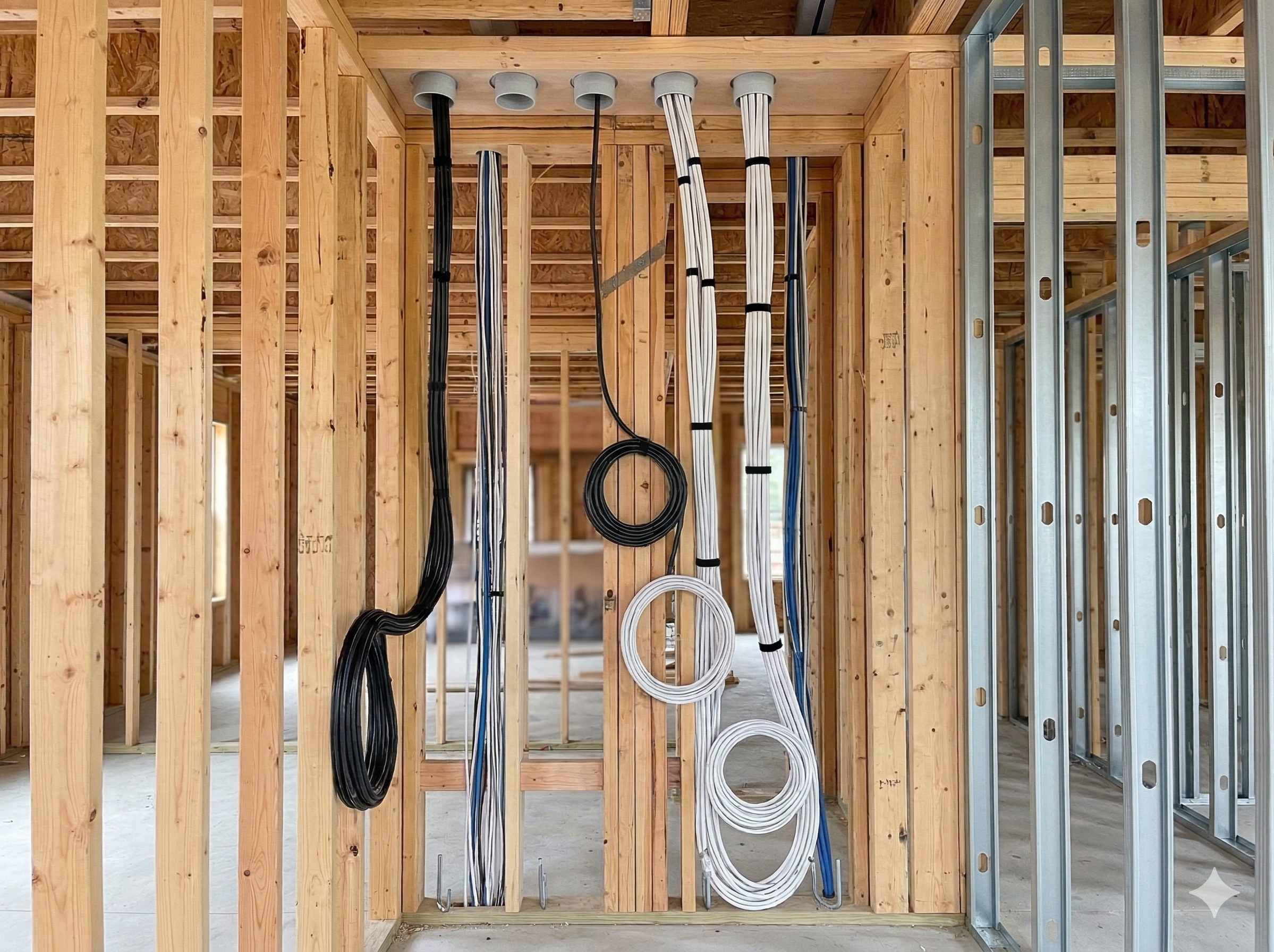 Professional structured cabling and low-voltage network infrastructure by Sound Facets, featuring organized Cat6 data backbone for new construction in NY and NJ.