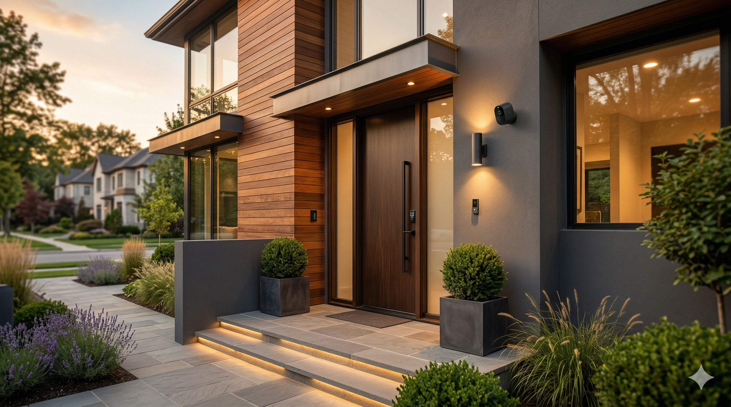 Modern residential property in New Jersey featuring integrated smart home lighting and professional security surveillance system installation by Sound Facets.