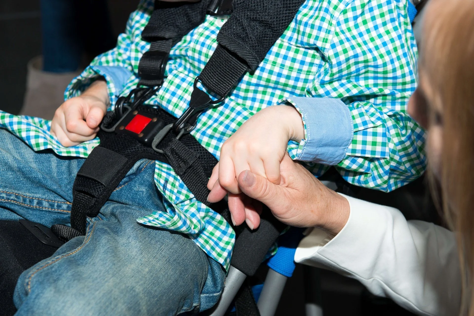 A child in a green and blue checkered shirt secured with a safety harness, holding hands with an adult.