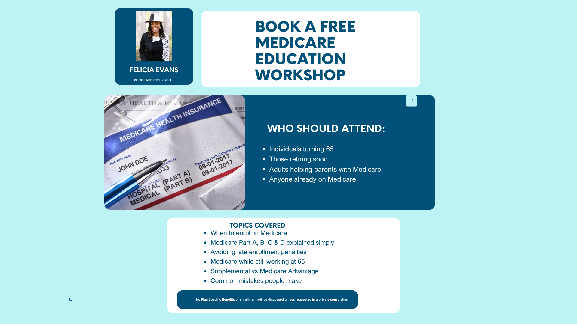 Flyer advertising a free Medicare education workshop featuring Felicia Evans, a licensed Medicare advisor. The flyer includes an image of a Medicare card and discusses topics like enrollment, parts A through D, avoiding penalties, and common mistakes