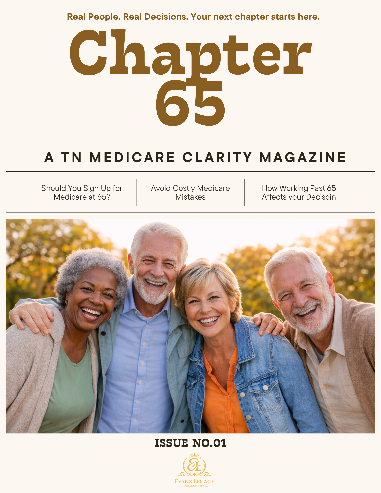 Cover of Chapter 65 in TN Medicare Clarity Magazine featuring a smiling group of elderly people outdoors with autumn trees in the background.