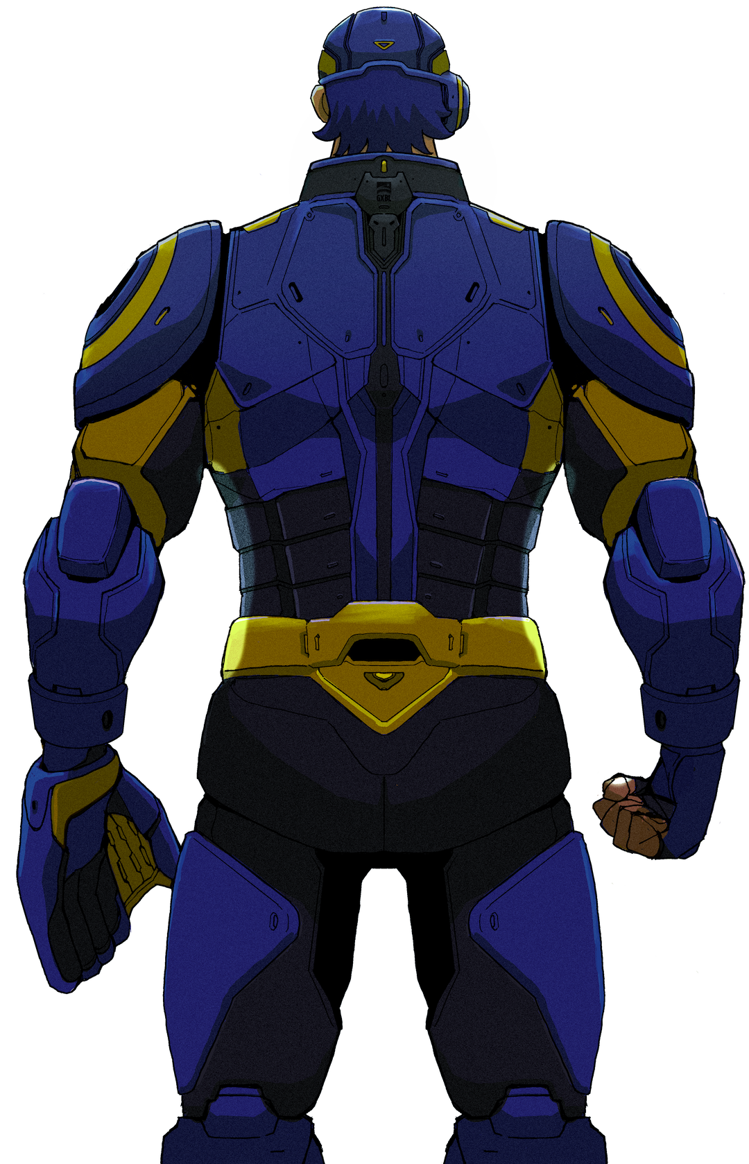 Back view of a muscular person in a brown, blue, and black futuristic armor suit with yellow accents, standing with fists clenched.