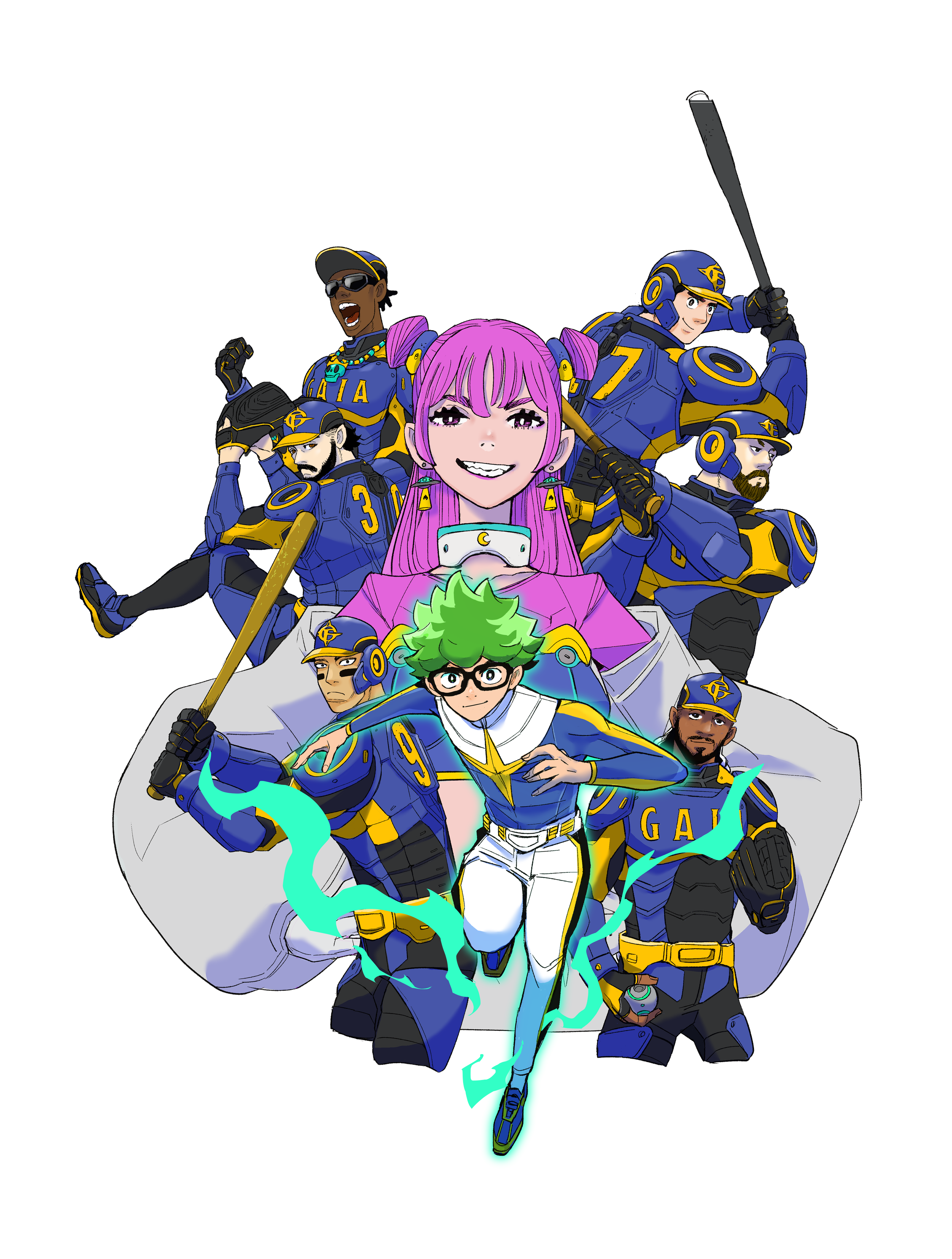 Stylized illustration of nine diverse characters in futuristic, blue and yellow armor, with vibrant hair and accessories, standing on a spaceship, with glowing green energy and lightning effects.