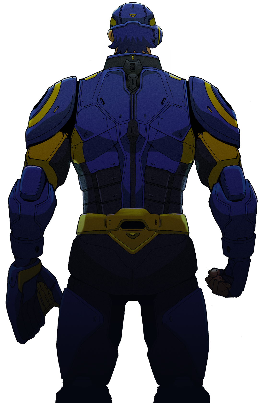 Back view of a GalaXic Baseball League player in a futuristic blue and yellow power suit, wearing a helmet and gloves.