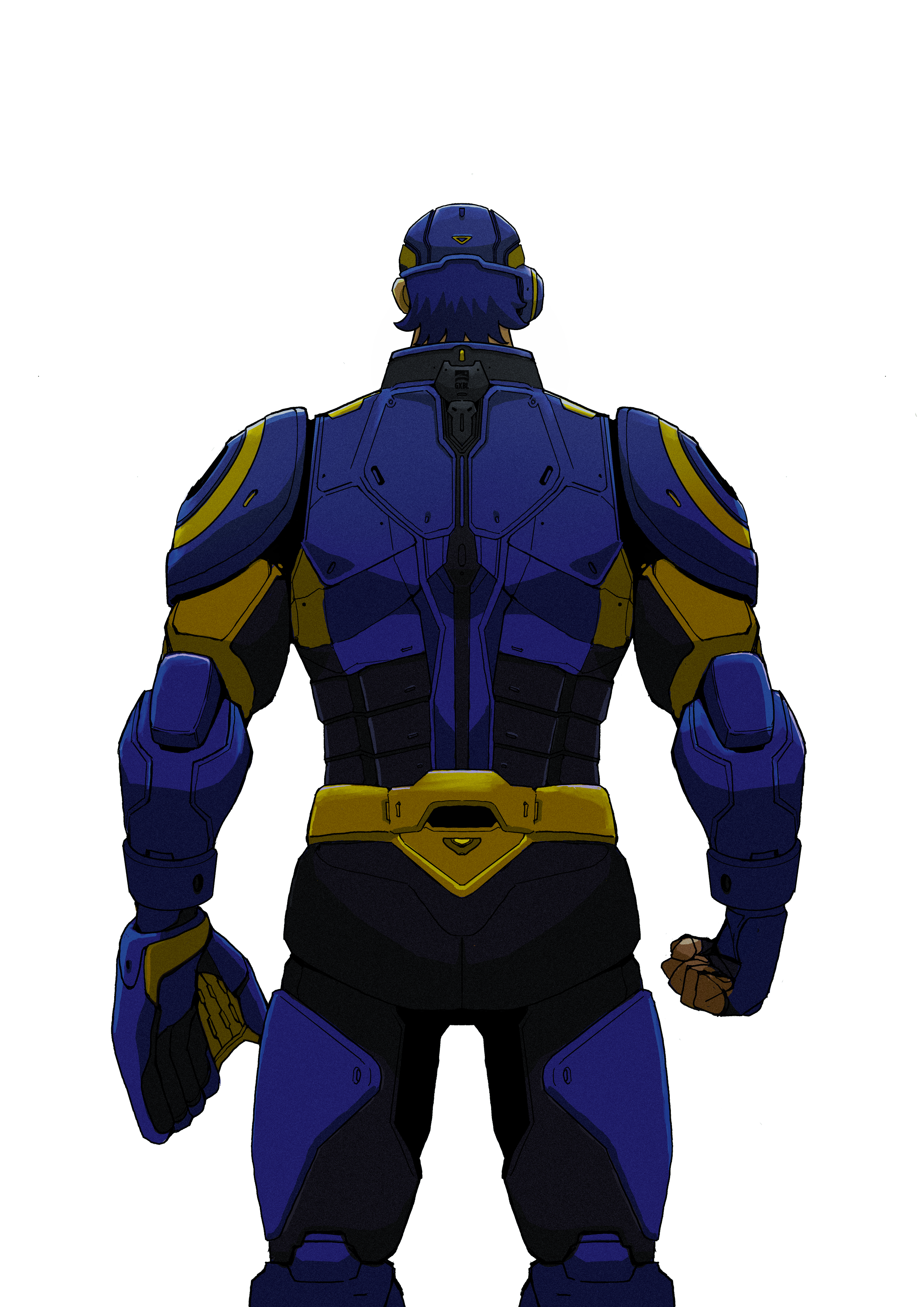 Back view of a GalaXic Baseball League player in a futuristic blue and yellow power suit, wearing a helmet and gloves.