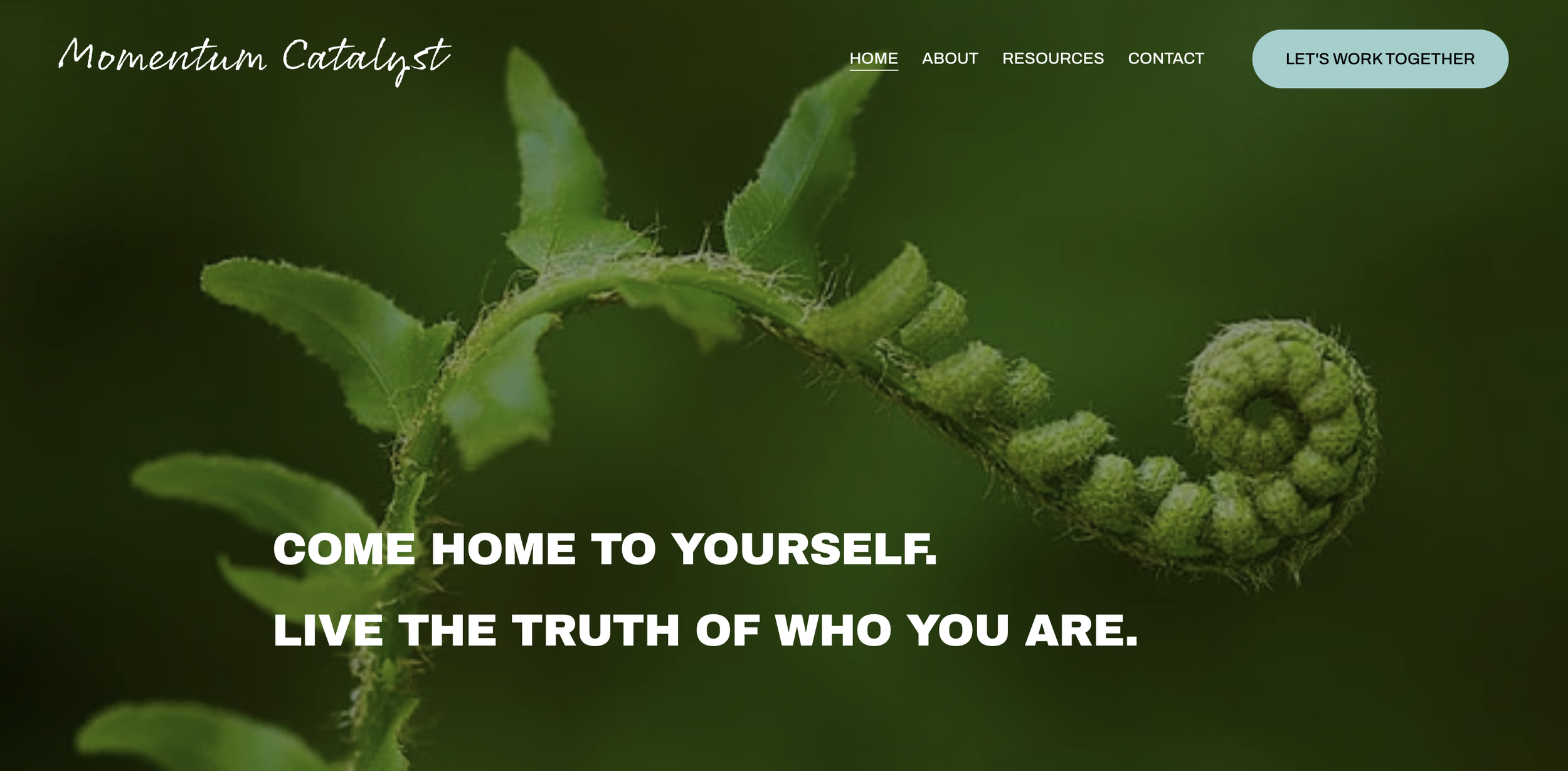 The website homepage for Momentum Catalyst. Symbolic image of a fern unfurling to represent the message "Come home to yourself. Live the truth of who you are."