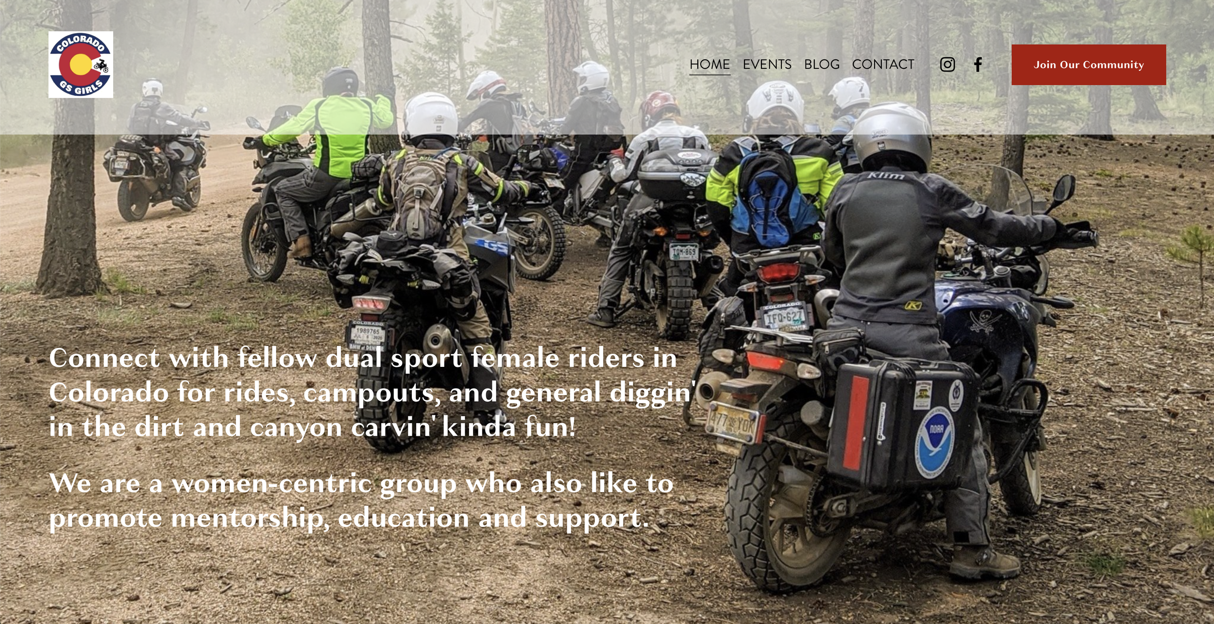 Website homepage for Colorado GS Girls, a group of women riding adventure motorcycles.