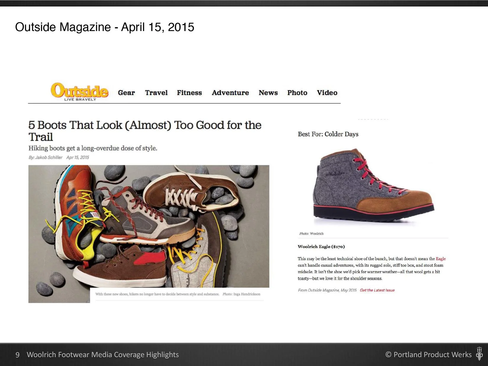 A magazine page from Outside Magazine dated April 15, 2015, showing a feature on hiking boots. The page includes a photo of five different hiking boots with laces, arranged on a flat surface with rocks around them. There is a smaller image of a singl