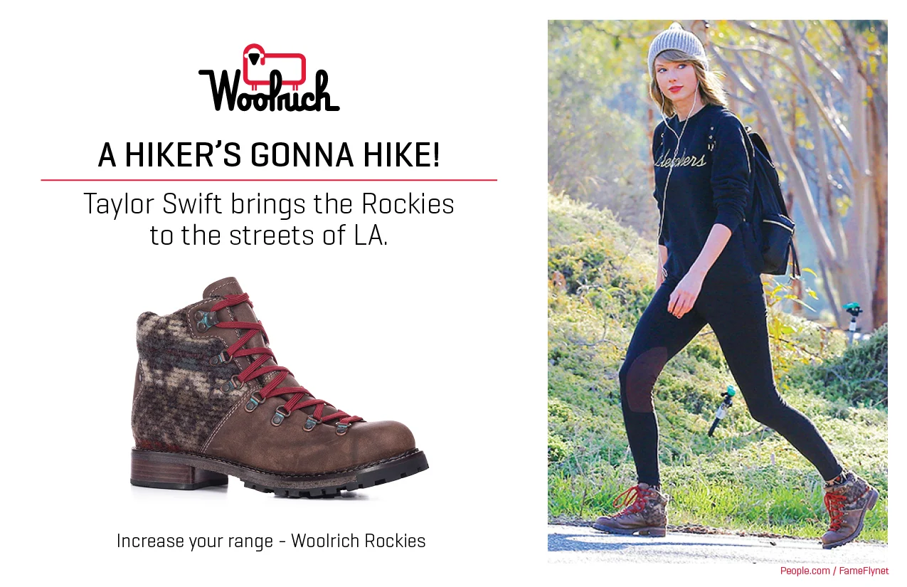 A woman wearing a gray beanie, black leggings, and hiking boots walking outdoors in a forested area. Next to the scene is an advertisement for Woolrich hiking boots featuring a close-up of a brown boot and text promoting hiking in LA.