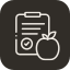 A diet plan or nutrition chart with a scale, apple, coffee cup, and pills on a clipboard