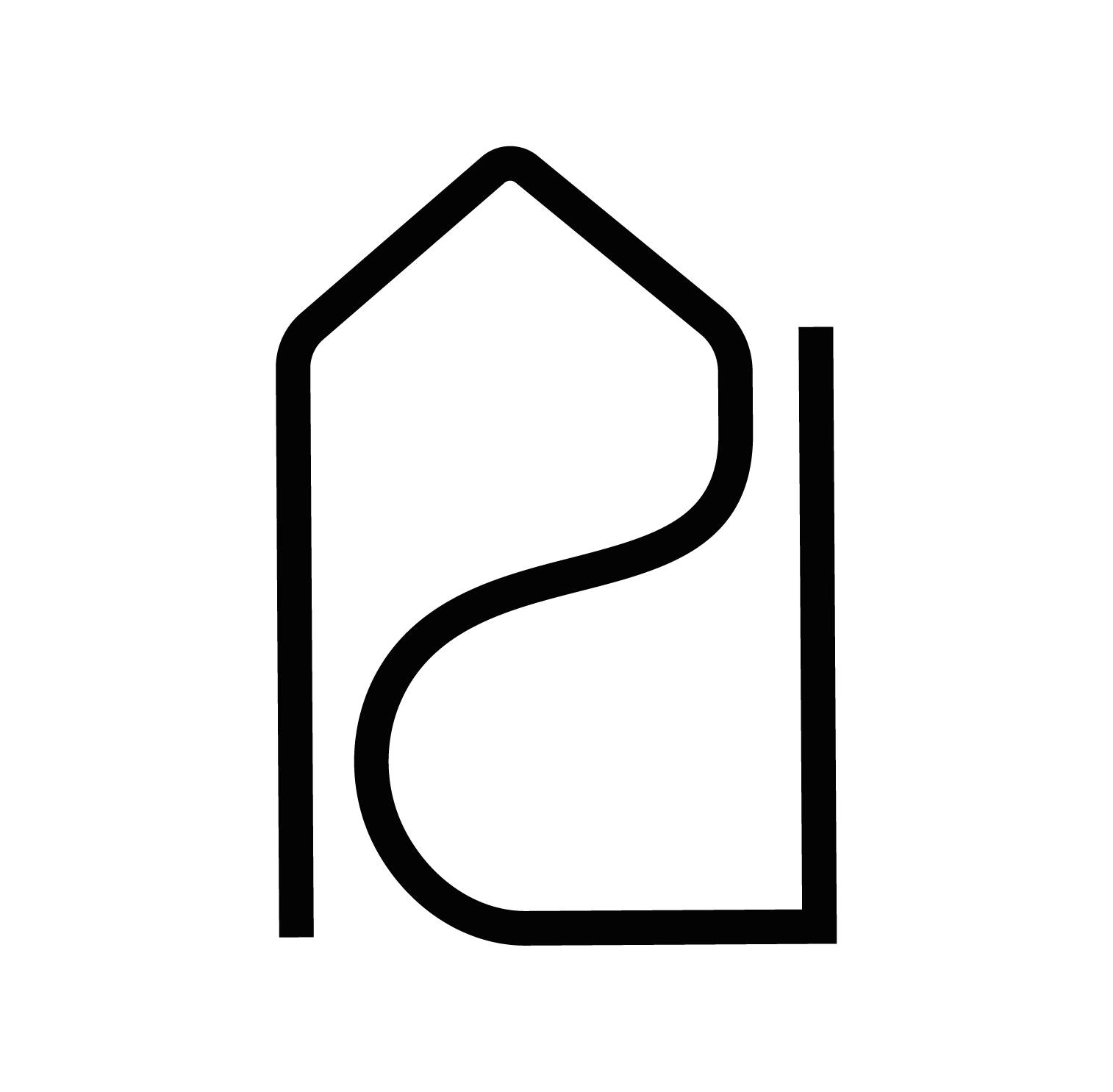 Logo de l'entreprise Parcours Design, design d'intérieur. Il représente les lettres P et D de Parcours Design ainsi qu'une forme de maison.  La ligne continue est un clin d'oeil au Parcours.