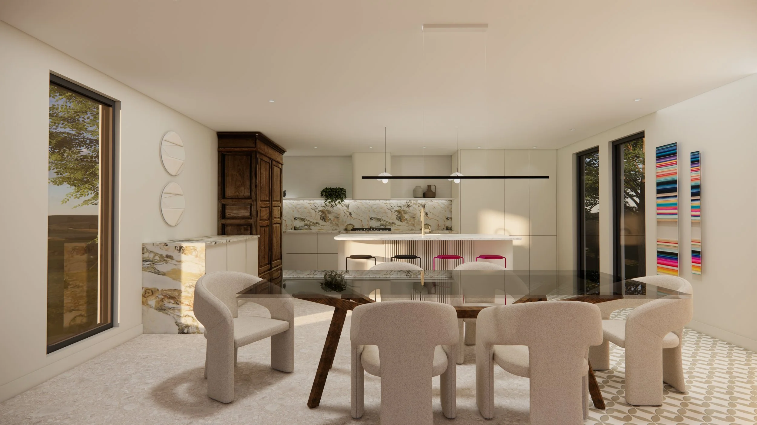 Perspectives 3d avec rendu réaliste d'une  cuisine. Intégration d'art, de couleurs et d'objets antiques récupérés. Conception par Parcours Design.