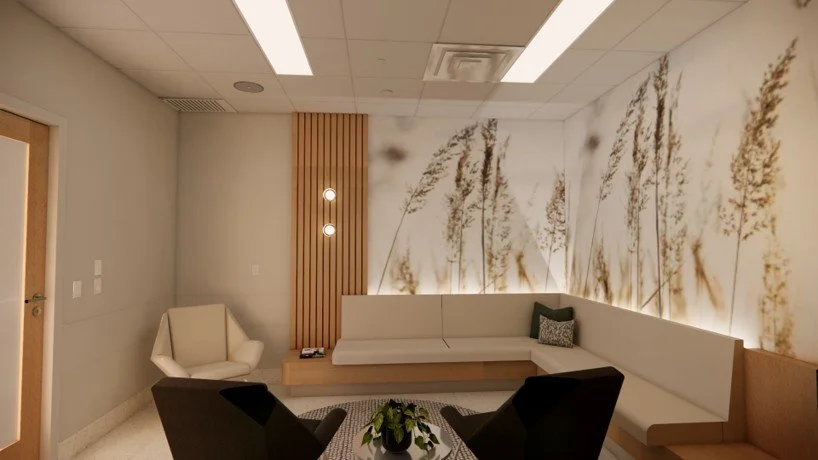 Perspectives 3d avec rendu réaliste d'une salle de rencontre pour les familles dans un service d'oncologie.  Conception par Parcours Design.