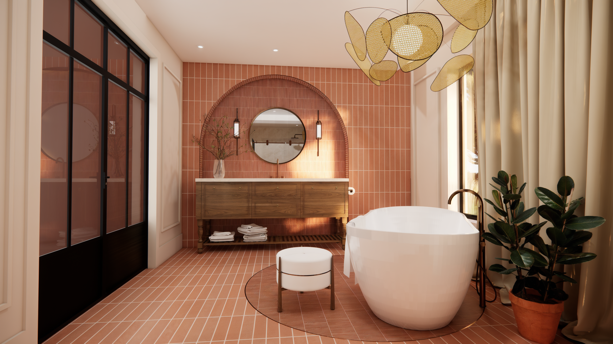 Perspectives 3d avec rendu réaliste d'une salle de bain. Conception par Parcours Design.