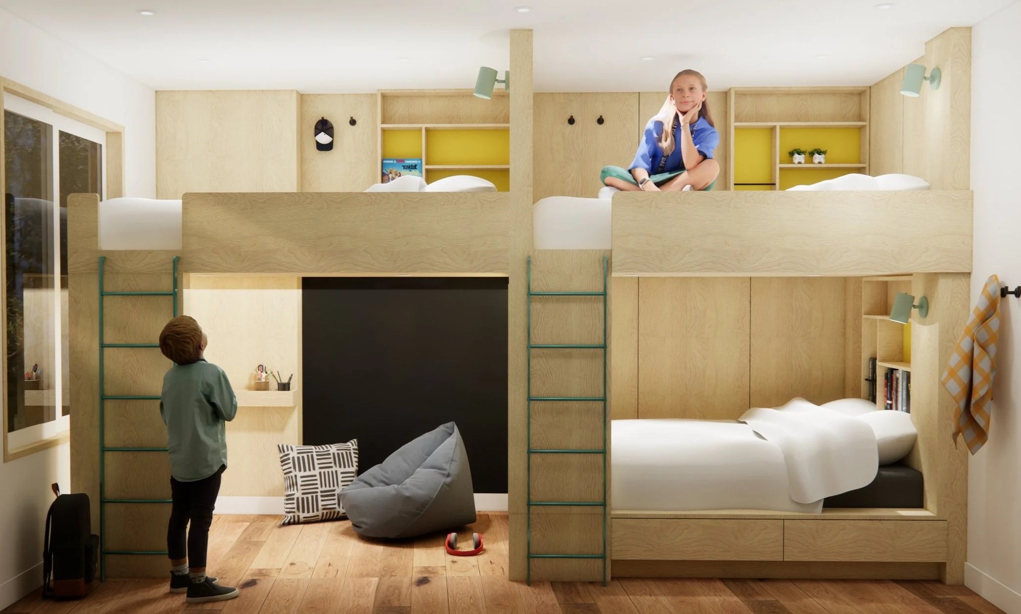 Perspective 3d d'un projet de chambre d'enfants. Lits supperposés et rangements intégrés pour optimiser la petite chambre. Par Parcours Design.