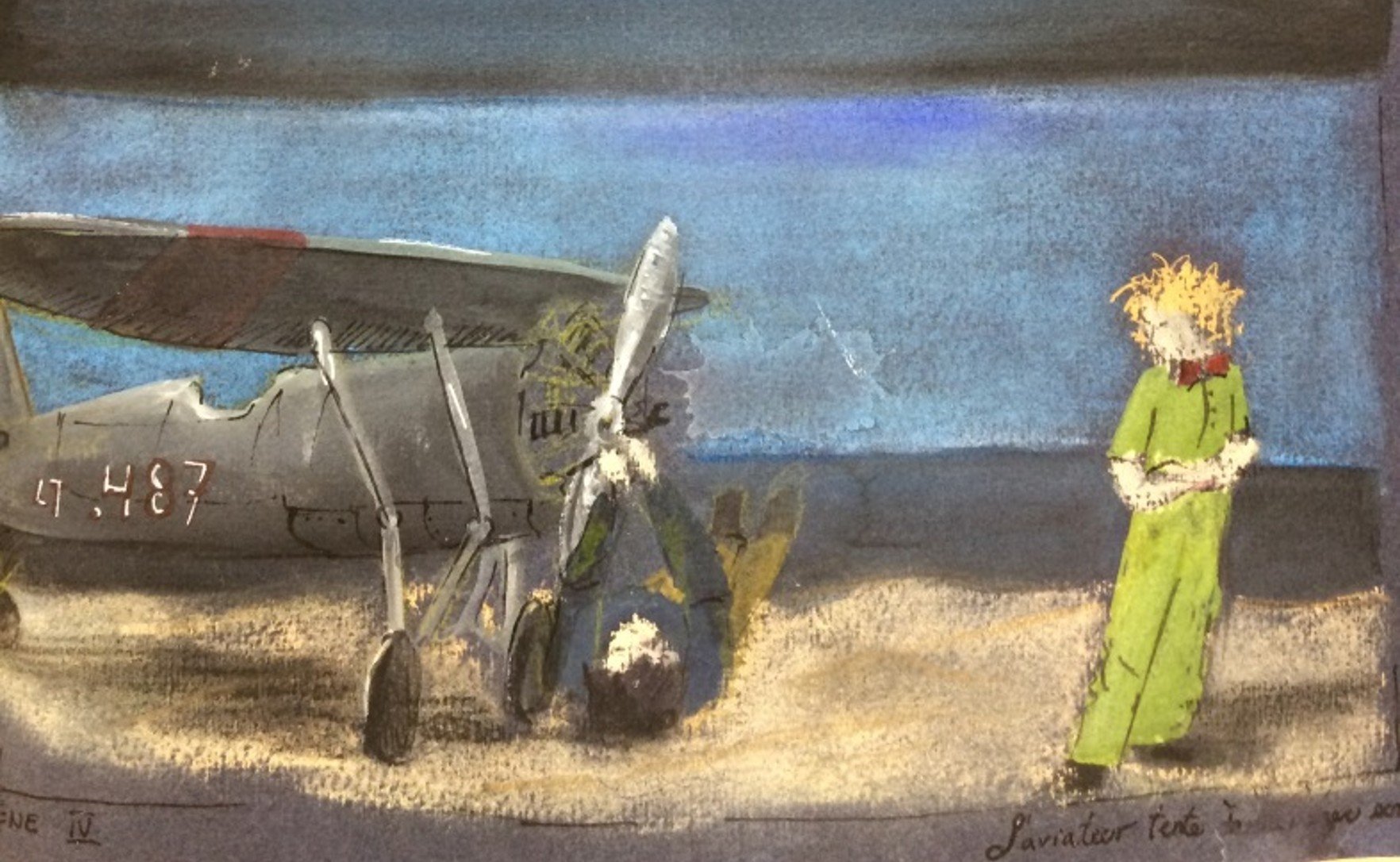 Dessin conceptuel pour le décor d'une pièce de théatre (Le Petit Prince) . Conception et réalisation du décor par Mélissa Péloquin.