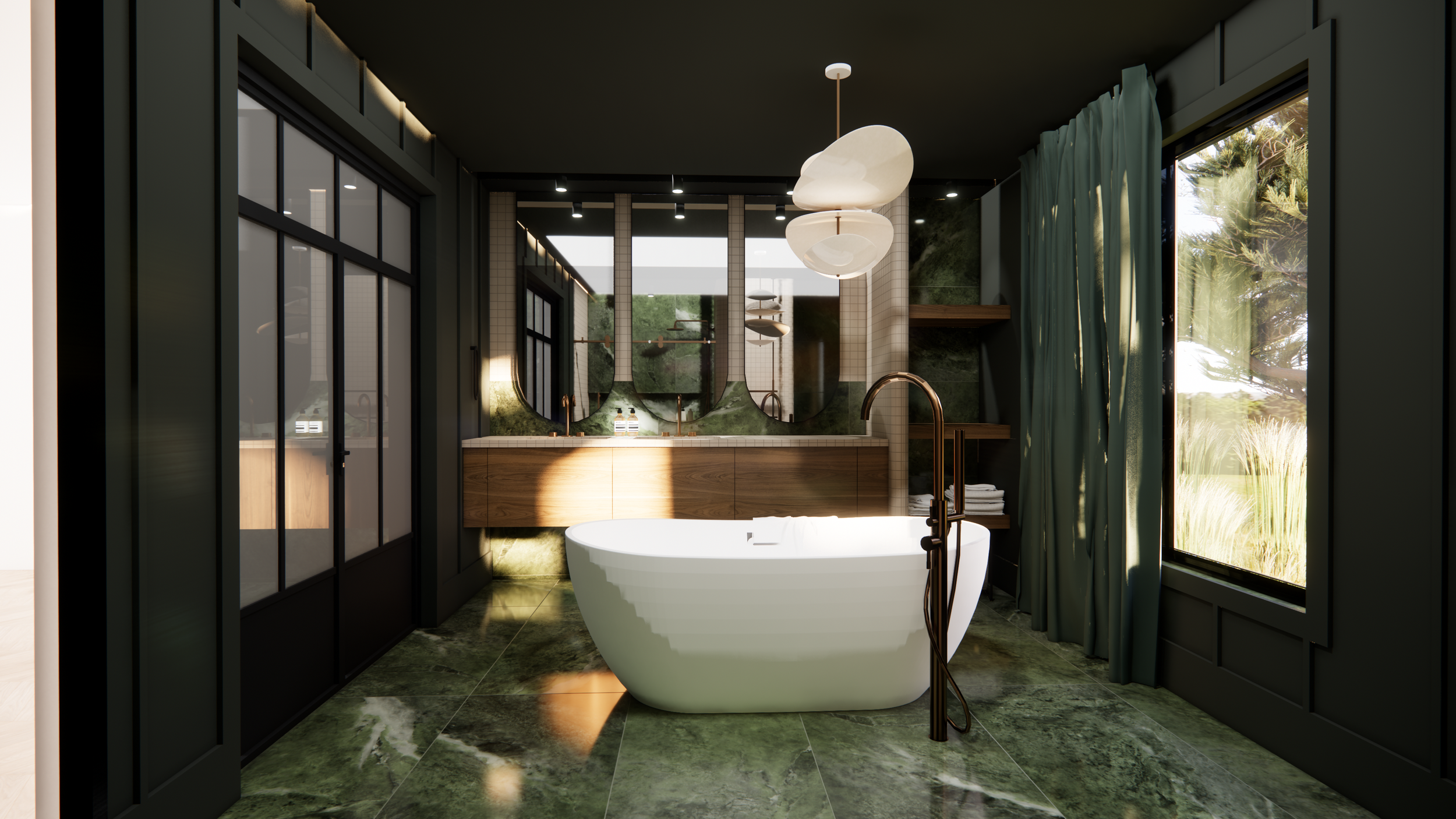 Perspectives 3d avec rendu réaliste d'une salle de bain. Unique et audacieuse par sa couleur verte émeraude.   Conception par Parcours Design.