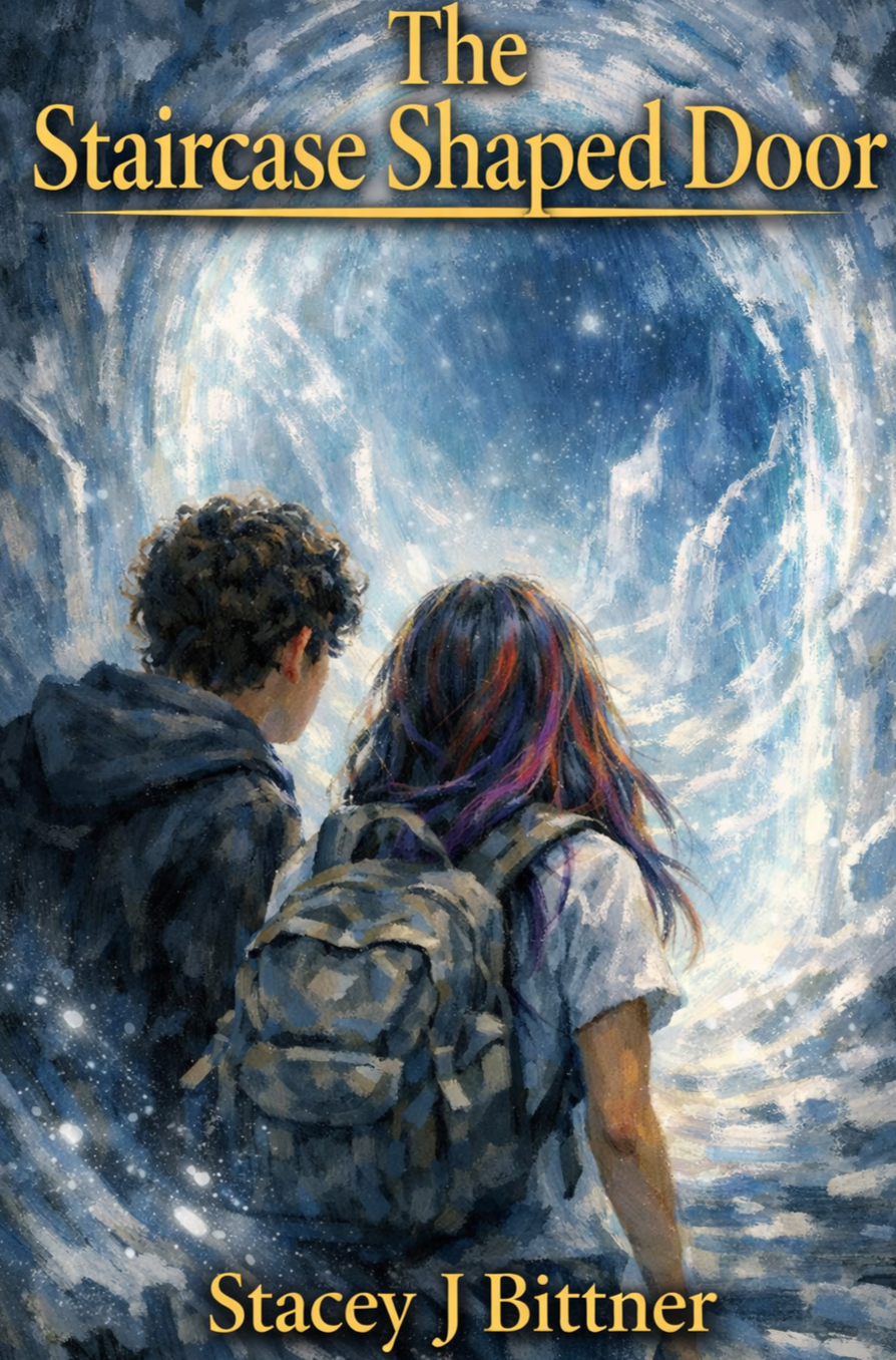 Book cover for 'The Staircase Shaped Door' by Stacey J Bittner, featuring two young people with backpacks looking into a swirling, starry portal or vortex.