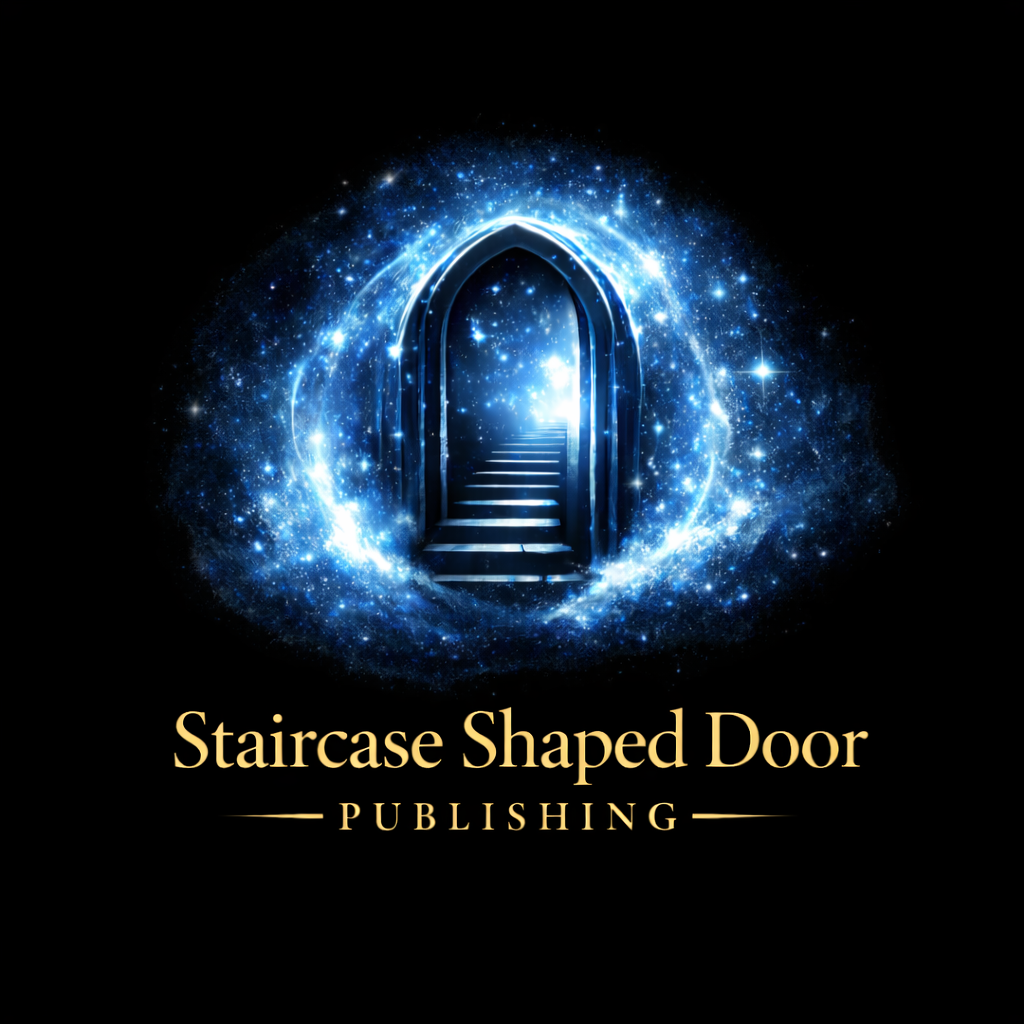 A glowing, mystical staircase leading through a staircase-shaped door surrounded by a luminous, starry, blue cosmic aura against a black background. The text 'Staircase Shaped Door Publishing' is displayed below in gold.