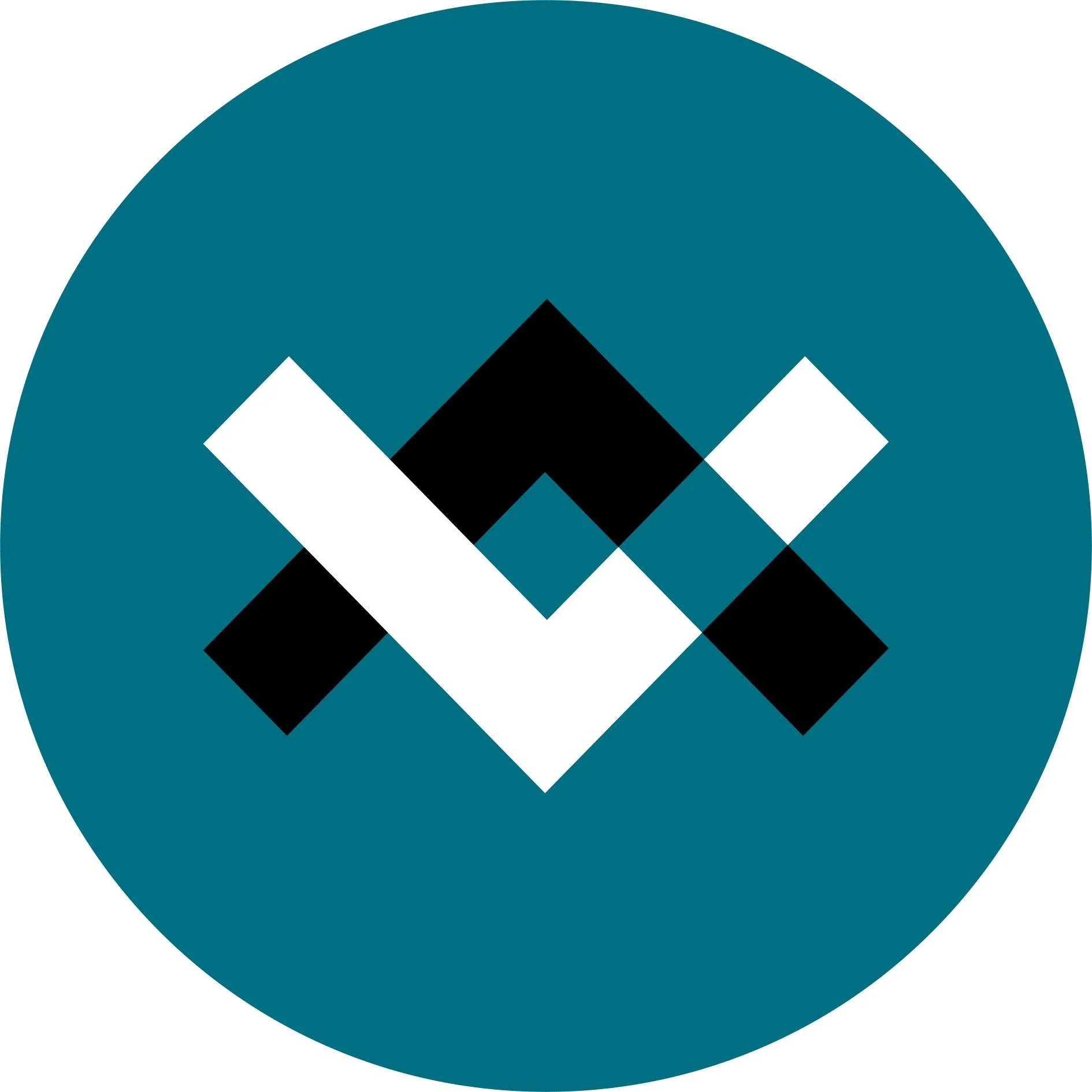 A digital graphic design featuring a large teal circle with a white diamond shape in the center, intersected by smaller black and white diamonds.