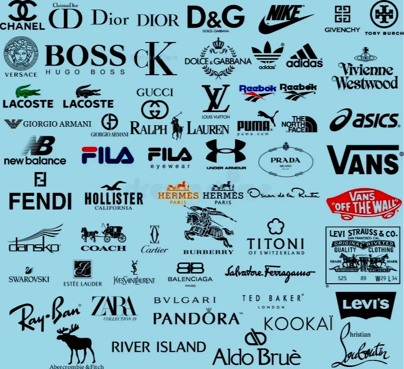 Collection of various fashion, sports, and luxury brand logos on a light blue background.