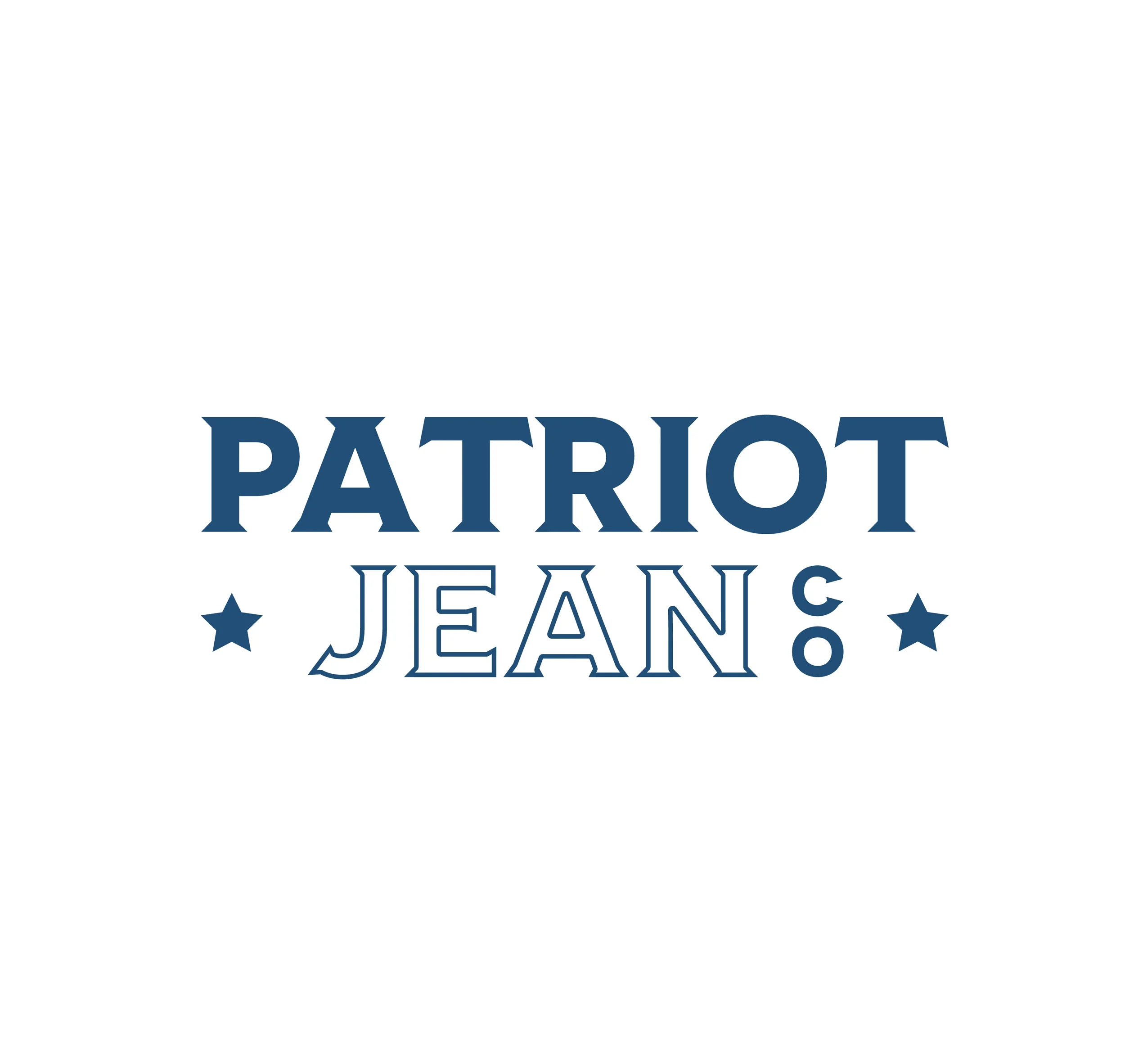 Text reading "PATRIOT JEANS" in blue capital letters with white background and stars around.