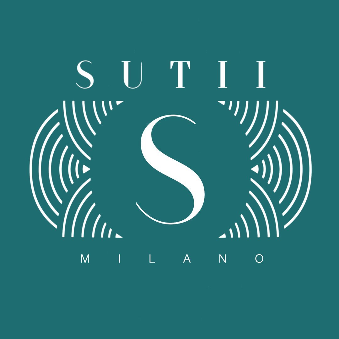 Stylized logo with the text "SUTII" at the top, a large decorative 'S' in the center, and the word "MILANO" at the bottom, set against a teal background.