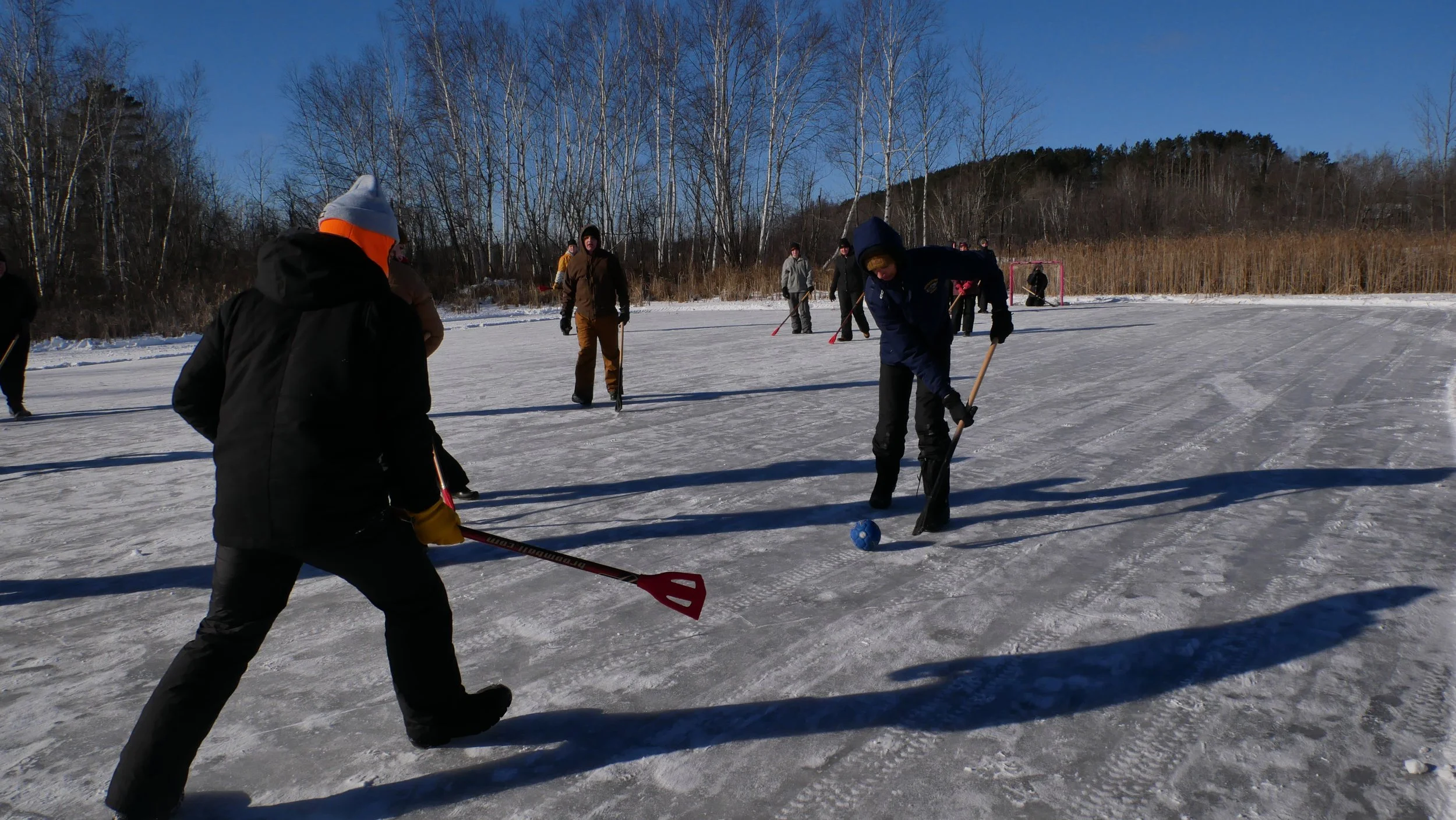 People playing ice hockey on an outdoor frozen lake in winter, with some holding hockey sticks and a puck visible, surrounded by leafless trees under a clear blue sky.