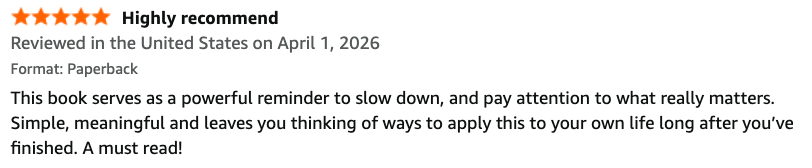 A book review with a 'Highly recommend' badge, review date April 1, 2026, in paperback format, praising the book for its impactful and practical advice for everyday life.