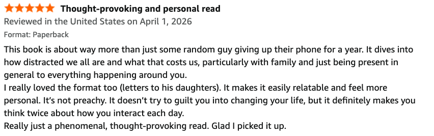Screenshot of a book review praising the book for its relatable and thought-provoking content.