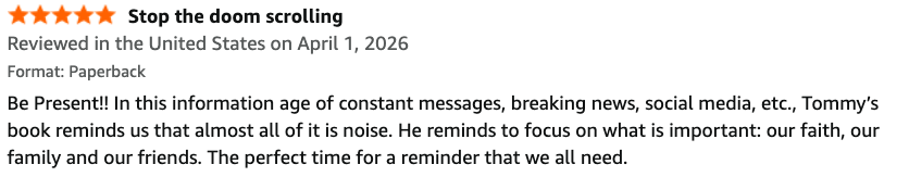 A screenshot of a book review warning against doomscrolling, emphasizing mindfulness and family.