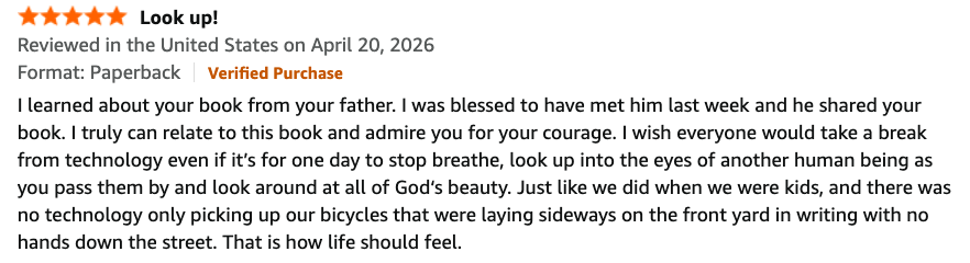 Online book review showing five stars, review date April 20, 2026, and a detailed lighthearted review about the author's personal connection to the book and reflections on technology and childhood.