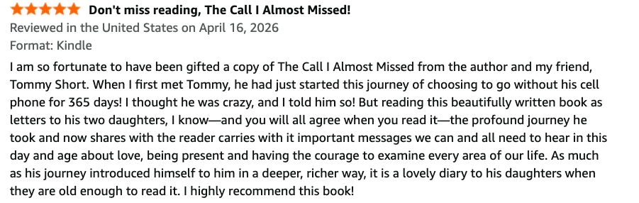 Screenshot of a 5-star book review for 'The Call I Almost Missed' written on Amazon, describing the book's impact and recommending it.
