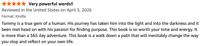 Screenshot of a Kindle book review praising the book's power and transformative journey.