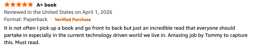 Screenshot of a book review for an A+ book, reviewed in the United States on April 1, 2026, rated five stars, in paperback format, with a verified purchase. The review praises the book and the author Tommy.
