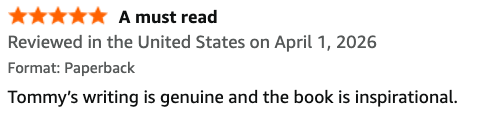 Book review with five-star rating, date, format, and positive quote about Tommy's writing