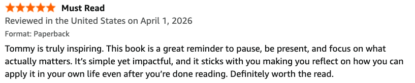 Book review titled 'Must Read,' praising Tommy, with five-star rating, reviewed in the United States on April 1, 2026, in paperback format.