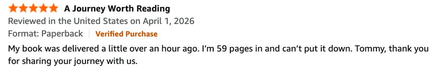Review summary for a book titled 'A Journey Worth Reading,' verified purchase, posted on April 1, 2026, describing a 59-page paperback about someone's travel experience.