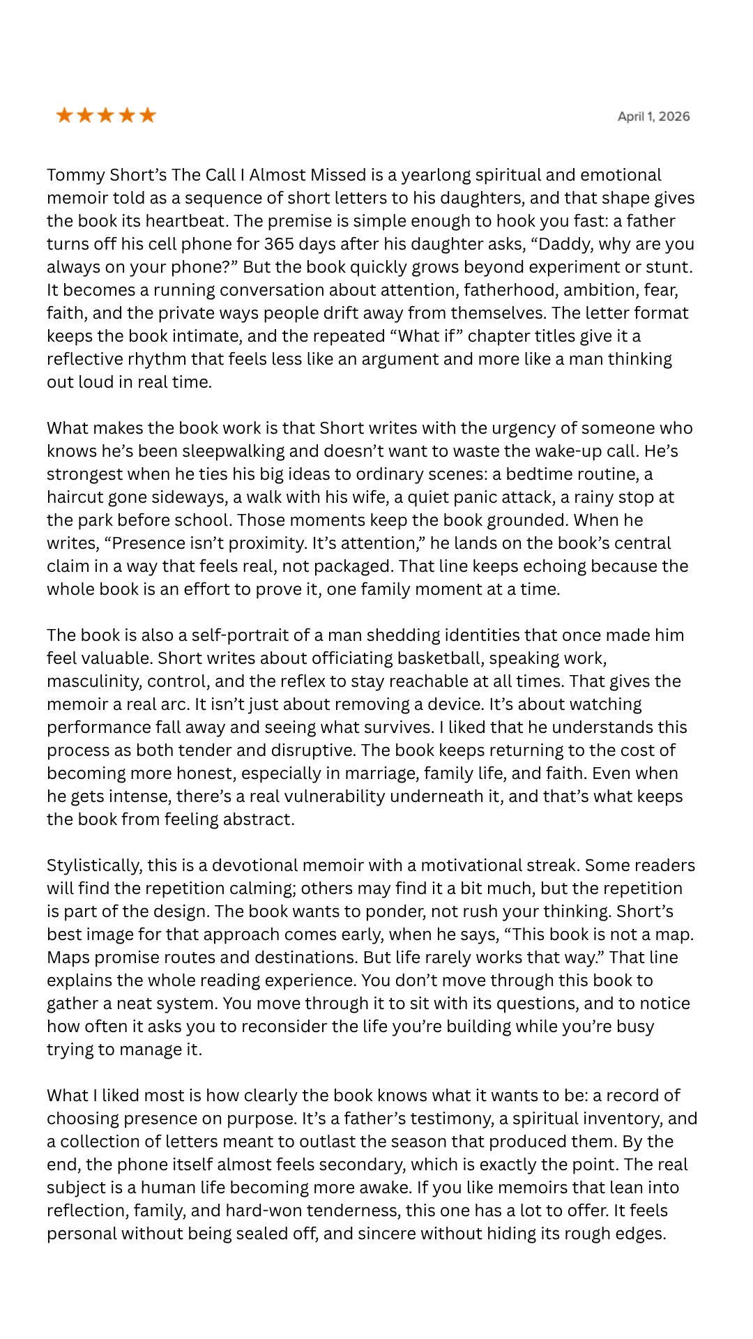 A screenshot of a review with five orange stars, dated April 1, 2026, and some text underneath