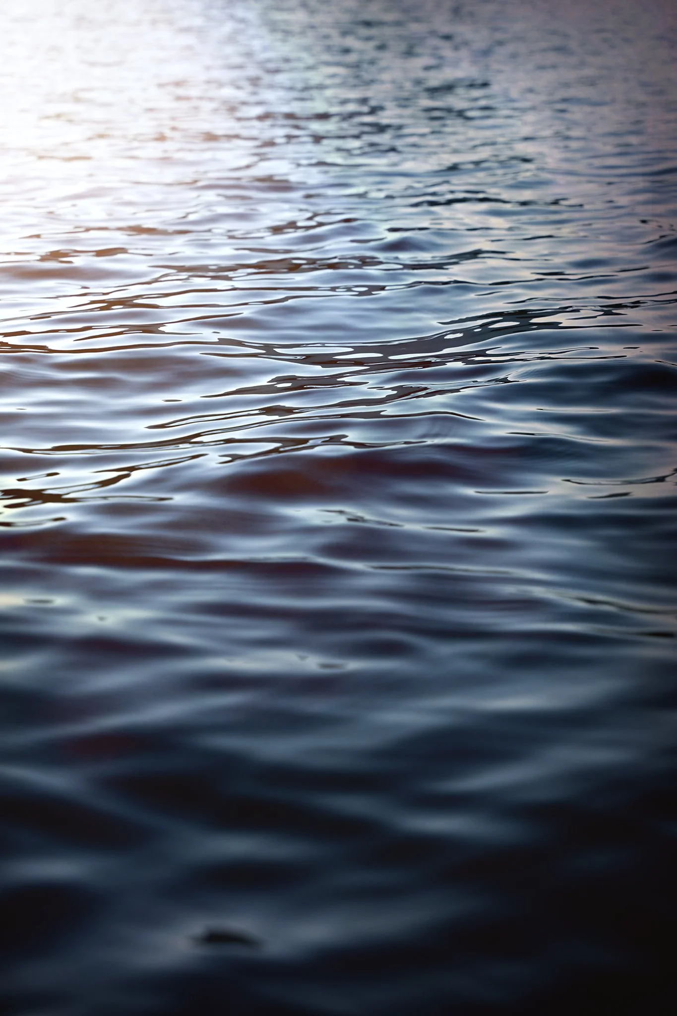 Close-up view of calm water with gentle ripples at sunset or sunrise, reflecting warm and cool colors.
