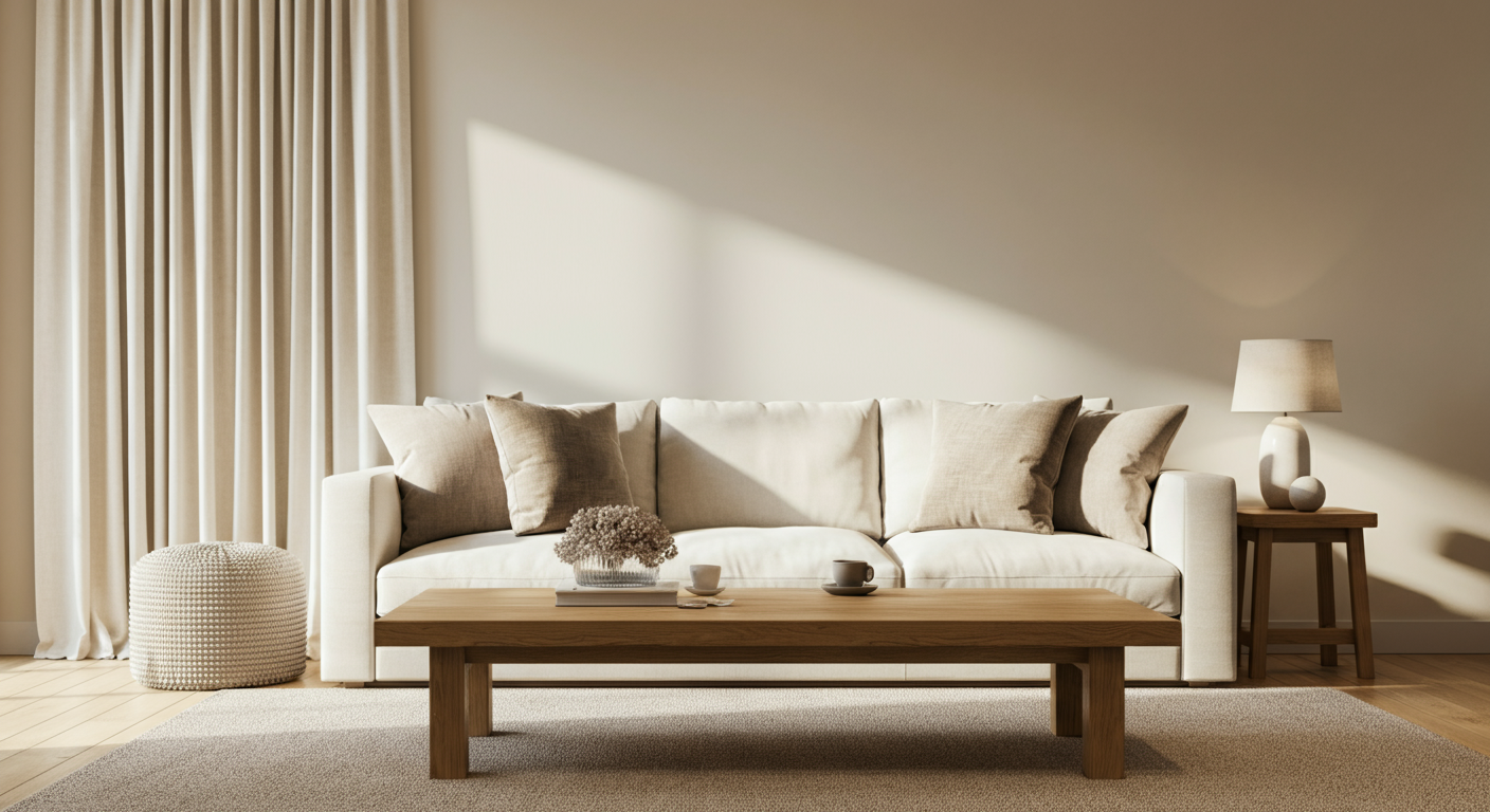 Minimalist living room with white sofa, beige throw pillows, wooden coffee table with books and cups, beige lamp on side table, cream curtain, and neutral decor